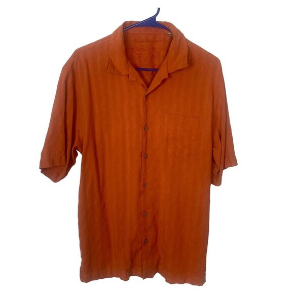 TOMMY BAHAMA Men Silk Shirt Size M Orange Button Front Short Sleeve Casual H-54